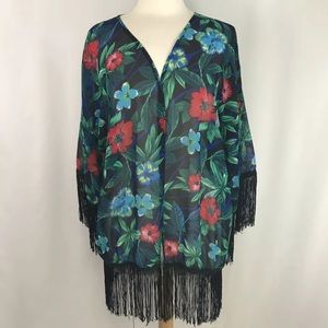 India Boutique Blue Green Red Floral Sheer Kimono